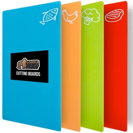 GORILLA GRIP 100% BPA-Free Flexible Cutting Board Set of 4, Durable Plastic Mats with Food Icons for Meal Prepping, Large Kitchen Chopping Mat, Use for Meat Fish Vegetables Fruit, 15x12, Multicolor