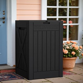 Greesum 52 Gallon Outdoor Package Delivery Box for Porch, Lockable Secure Double-Wall Resin Storage Box, Waterproof Deck Box for Package Protection, Black