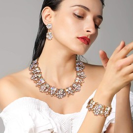 Ever Faith Women's Vintage Bib Statement Jewellery Sets, Floral Rhinestone Crystal Boho Chunky Choker Necklace Earrings Bracelet Set White