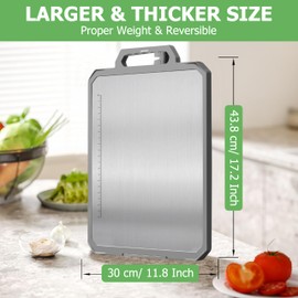 FYNIX 2 in 1 Stainless Steel Cutting Board Large 17X12 Dual-Sided with Knife Sharpener, Garlic Peeler, Non-Slip Stand, PP Non toxic double sided Chopping Board for Meat, Veggies – Dishwasher Safe