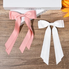 2PCS Silky Satin Hair Bows Hair Clip Pink White Hair Ribbon Ponytail Holder Accessories Slides Metal Clips Hair Bow for Women Girls Toddlers Teens Kids