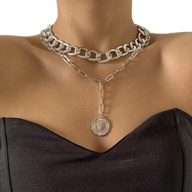 JWICOS Dainty Layered Silver Women's Cuban Chain Necklace Bohemian Coin Pendant Link Chunky Necklace for Women and Girls (Silver)