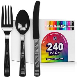DecorRack 240 Piece Plastic Cutlery Set -BPA Free- Plastic Silverware Combo Utensils for Birthdays, Indoor, Outdoor Events, Parties, Black (Set of 240)