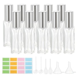 PATIKIL Travel Perfume Bottle Refillable, 10 Pcs 10ml Travel Size Mist Perfume Bottle Empty Glass Sprayer with Labels Funnel Pipette for Liquid Essential Oil, Clear/Silver Tone