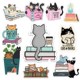 Holographic Cat Bookish Stickers | 55 Pcs Book Cats Decals for Kindle,Laptop Waterbottle | Reading Bookish Gifts for Cat,Coffee,Book Lovers