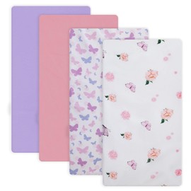 Newvenper Crib Sheet for Boys and Girls, Super Soft Microfibre Crib Sheet Set, Breathable Cot Sheet, for Cot and Toddler Mattress, 130x70x20cm, Butterfly & Flower & Pink & Purple,4pcs