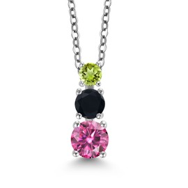 Gem Stone King Rhodium Plated 3 Stone Pendant for Women & Chain  Pink Moissanite Onyx 0.84ct