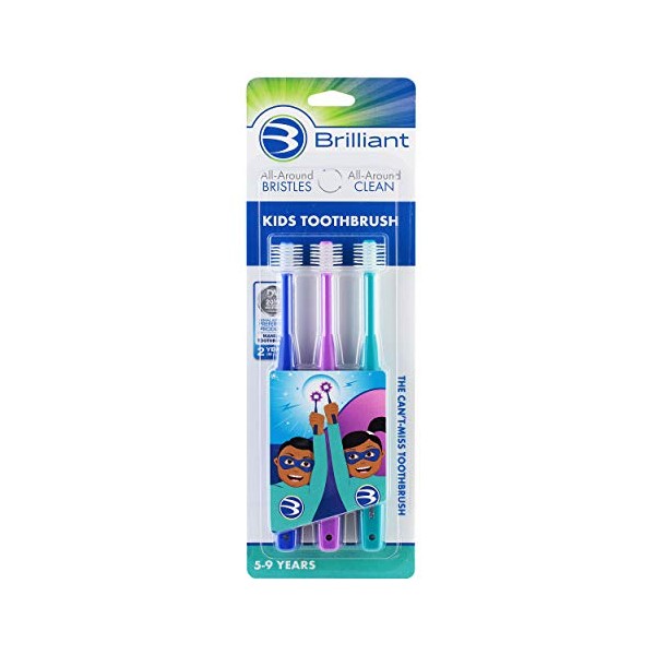 Brilliant Kids Toothbrush, for Girls and Boys, Ages 5-9 Years Old, Use When Adult Teeth Arrive- Round Brush Head Cleans Entire Mouth, Kids Soft Bristle Toothbrush, Royal-Purple-Teal, 3 Brush Pack