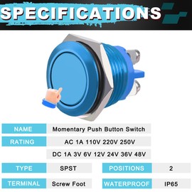 MKBKLLJY 3PCS 19MM Momentary Push Button Switch Waterproof Metal Bule Shell High Round Cap ON/Off 1A 110V 220V 250V AC/DC 1A 3V 6V 12V 24V 36V 48V 1NO SPST Screw Foot Terminal with Wires for Car