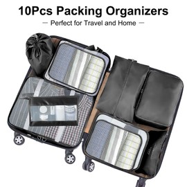 Suitcase Organiser Set, 10 Pieces Packing Cubes for Suitcase Travel Accessories Suitcase Organiser Set Clothes Bags Packing Cubes Cosmetic Travel Organiser Packing Bags for Suitcases (Black)