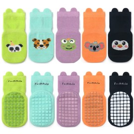 FedMois 5 Pairs Baby Little Kids Anti-slip Socks Cotton non skid Ankle Socks Animals, Panda, 3-5 years