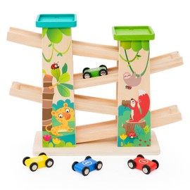 Marble Run Cars Wood from 1 Year Old Car Racing Track Wooden Toy Wooden Children's Toy 1 2 Years Boys with 4 Mini Cars and 2 Parking Spaces