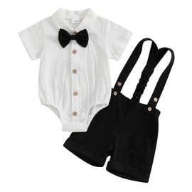 Newborn Baby Boy Summer Outfit Gentleman Short Sleeve Dress Romper Bowtie Suspender Shorts Formal Suit Clothes Set (Black, 3-6 Months)