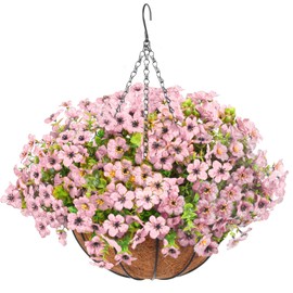 Artificial Hanging Faux Flowers Basket, Fake Silk Daisy Eucalyptus Plants Arrangement,for Spring Summer Outdoor Decoration,UV Resistant, Coconut Planter,Look Real for Home Garden Décor (Pink)