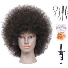 Davinona Training Head African American with 100% Human Hair Mannequin Head Cosmetology Afro Hair Manikin Head for Practice Styling Braiding with Free Clamp+Braid Sets