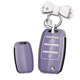 HIBEYO Folding 3 Button for Kia Key Fob Cover TPU Key Case for Kia Sorento Sportage Rio Soul Forte Optima Carens Picanto Smart Key Holder Car Accessories with Keychains-Bow Key Chain(Purple)