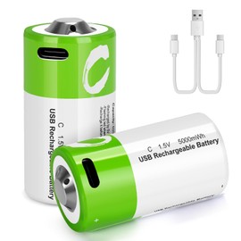 volkate C Batteries 2 Pack, Rechargeable C Cell Batteries with USB-C Charging Cable, LR14 1.5V Lithium Ion Batteries C Size 5000mWh for Flashlights, Remote Controls, Radios, Clocks, Toys