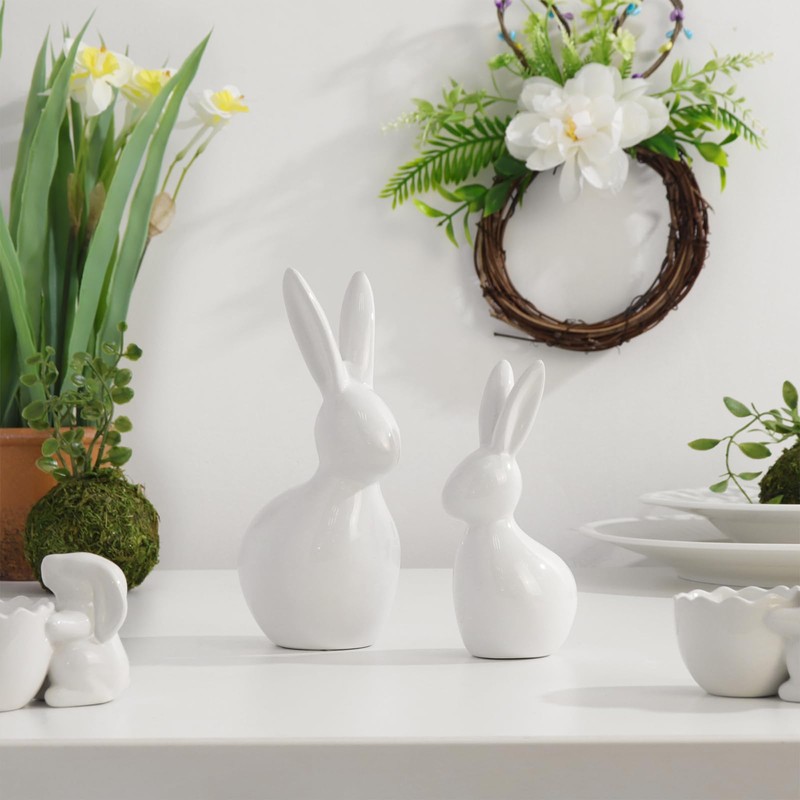 Pawliss Easter Decorations: Elegant White Ceramic Bunny Figurines Set of