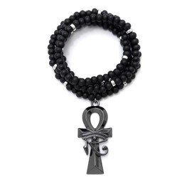Fashion 21 Egypt Ankh Eye of Ra Pendant 6 mm 30 inches Wooden Bead Necklace (Hematite/Black+Silver Wooden Bead)