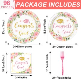 Yiaoyinnz 96Pcs Class of 2025 Graduation Party Plates and Napkin Floral Congrats Grad 2025 Party Supplies Pink Bachelor Cap Grad Tableware Dinnerware Set for Women Graduation Party Decoration Serve 24