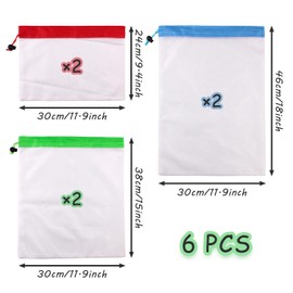 SYEYCW 6 Pcs Reusable Produce Bags, Drawstring Vegetable Bags, Washable See-Through Lightweight Mesh Bags for Vegetables, Fruits, Grocery, Household Toy, Mesh Bags for Gift, Travel, Home, 3 Sizes