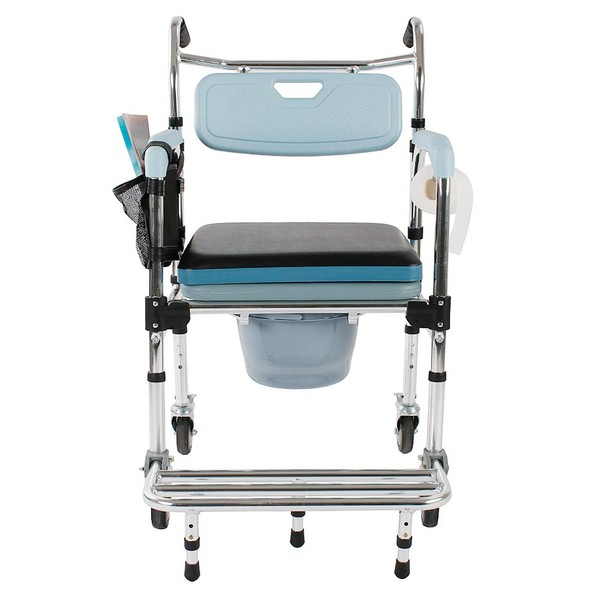 SSLine 4 in 1 Shower Chair Bedside Commode with Casters and Padded Seat Folding Rolling Transport Chair Lockable Wheelchair Bedside Toilet Seat for Patient Handicap Disabled Seniors - 350LBS Capacity