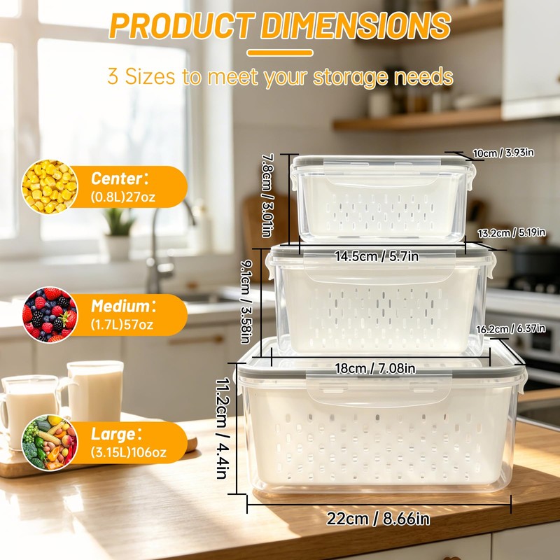 IKKAB 3 Pack Fruit Storage Containers for Fridge with Removable