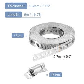 uxcell 304 Stainless Steel Hose Clamps, Cut-To-Fit 19.7 ft Metal Strap + 15 Stronger Fasteners Kit, Adjustable Worm Gear Band Hose Clamps for DIY Intercooler Pipe Plumbing Tube Fuel Line