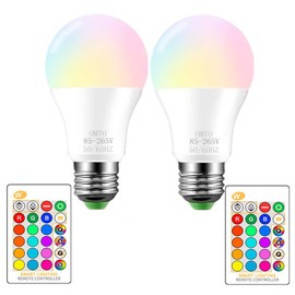 RGBW Color Changing LED Light Bulbs, A19 E26 Screw Base IR Remote Control Dimmable with Memory Function 60W Equivalent for Home Decoration Stage Bar Party (RGB+Warm Lighting, 2-Pack)