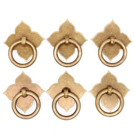 LXZ 6 PCs Vintage Antique Brass Ring Pulls with Four-Leaf Clover Shaped Base - Pure Brass Cabinet Hardware- Ring Size 1.2" (3 cm)