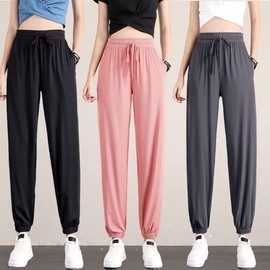 Soham Soham Women's Summer Plus Size Ice Silk Cropped Loose Casual Pants Slee XL 52.50 Kg-57.50 Kg/Ice Silk Sports Pants Pink 3ea