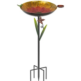 YALINKA Metal Bird Bath for Outside, 41.5" Detachable Birdbath with Bowl & Decorative Birds, Easy to Clean Iron Garden Birdbath & Feeder for Outdoor Garden Lawn Yard Decor(Red+Yellow)