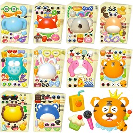 50 PCS Make-a-face Sticker Sheets, 3D Cute Animals Stickers, Kids DIY Party Theme Sets, 10 Styles Waterproof Kids Stickers for Party Favor Supplies or School Craft Kids Gift.