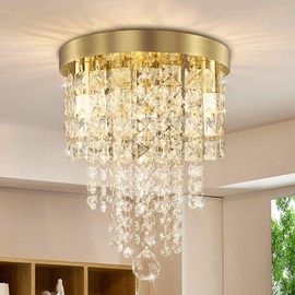 TISLYCO Mini Gold Crystal Chandelier, 3 Light Modern Flush Mount Ceiling Light Fixture, Raindrop Crystal Ceiling lamp Beaded Crystal Pendant Lighting for Hallway, Bedroom, Living Room, Dining Room