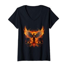 Womens Phoenix Rising Fire Phoenix Bird Mythical Bird Rejuvenation V-Neck T-Shirt