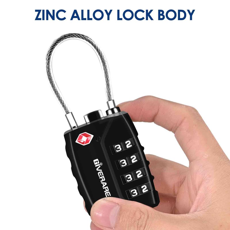 2 Pack TSA Approved Travel Luggage Locks, 4-Digit Metal Cable
