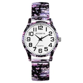 JewelryWe Elastic Watches for Women: Easy Read Analog Quartz Stretch Band Watch Floral Expansion Band Wristwatch