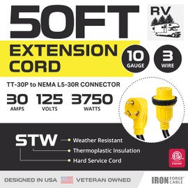 Iron Forge Cable 30 Amp RV Extension Cord 50 Ft - 10/3 STW TT-30P to NEMA L5-30R 125v RV Power Cord