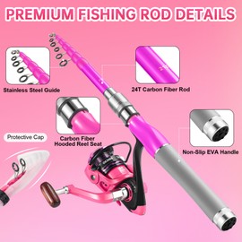 Castaroud Lady Telescopic Fishing Pole Kit, Carbon Fiber Pink Fishing Rod and Reel Combos with Spinning Fishing Reel Tackle Box for Ladies Fishing Girls Fishing Pole