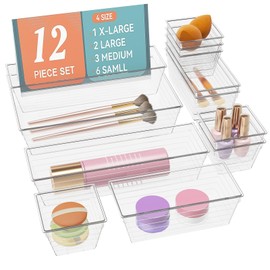12 PCS Clear Plastic Drawer Organizer Set, 4 Sizes Makeup organizer, Vanity Organizer for Makeup, Stationery,Gadgets,Kitchen,Bathroom,Office,Bedroom