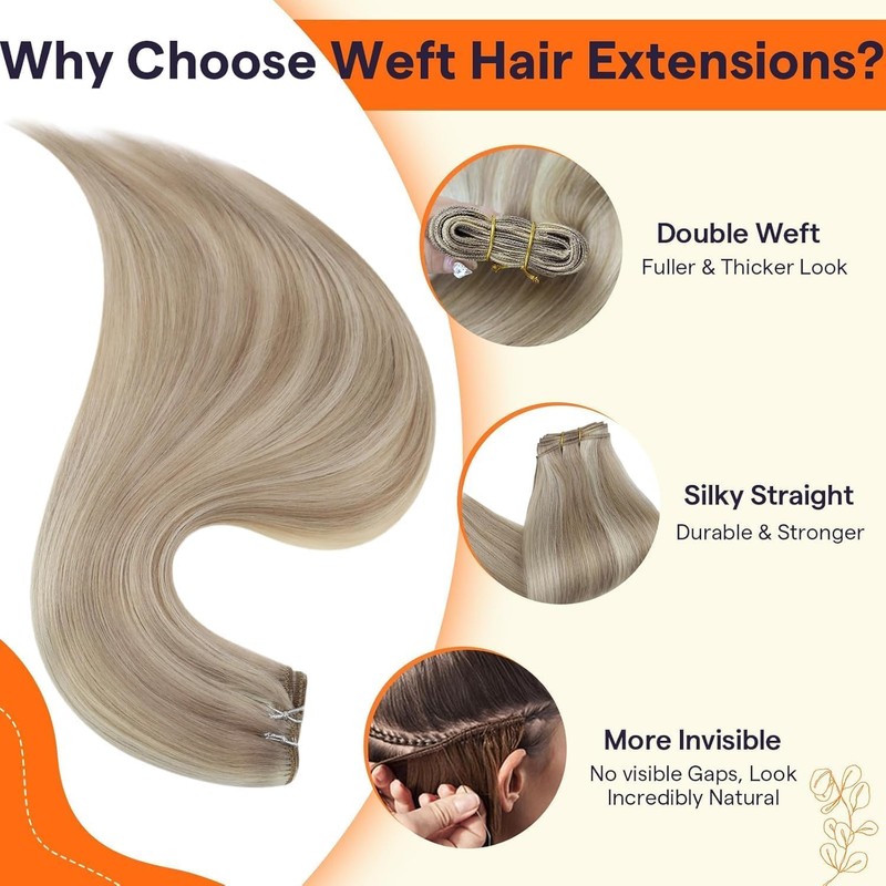 Full Shine Weft Hair Extensions Highlighted Blonde Human Hair Weft