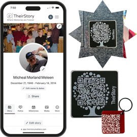 Their Story Gravestone Tags - Scannable QR Code Tag & Keychain Combo Set - Preserve Memories - Cemetery Tribute Sympathy, Memorial, Mother's, and Father's Day Gift - Medallion for Cemetery Headstones - Weather-Proof Aluminum
