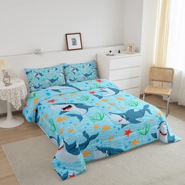 Cute Shark Comforter Set Full Size,Fish Coral Bedding Set 3pcs for Kids Teens Boys Girls Room Decor,Mysterious Under Sea Animals Plants Themed Quilt Set Cartoon Blue Duvet Insert with 2 Pillowcases