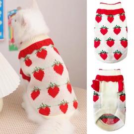 ANIAC Strawberry Turtleneck Cat Sweater Warm Knitted Small Dog Clothes for Girls Boys Autumn Winter Puppy Outfit Cold Weather Pet Knitwear for Chihuahua Yorkie Poodle (Red Strawberry, Medium)
