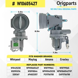 W10605427 W10425238 Washer Drain Pump B40-3A for Whirlpool WFW72HEDW0 WFW75HEFW0 WFW92HEFC0, Fit for Maytag MHW5500FC1 MHW5500FW0/FW1 MHW5100DW0 MHW8200FW0, Replace WPW10605427 W10799064 W10799065