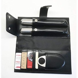 Black Leather Cigar Case, 2 Stainless Steel Cigar Tube, One Cigar Cutter All in One