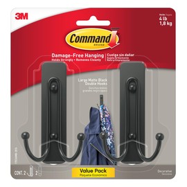 Command Large Matte Black Double Hooks, 2 Hooks and 2 Strips, Damage Free Hanging Wall Hooks with Adhesive Strips, No Tools Coat Hooks for Hanging Home Decor, Holds up to 4 lb