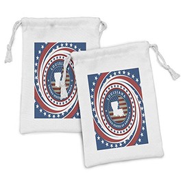 Ambesonne Louisiana Fabric Pouch Set of 2, Spiral Old Glory Themed Stripes with a Silhouette of Pelican State, Small Drawstring Bag for Toiletries Masks and Favors, 9" x 6", Vermilion White and Blue
