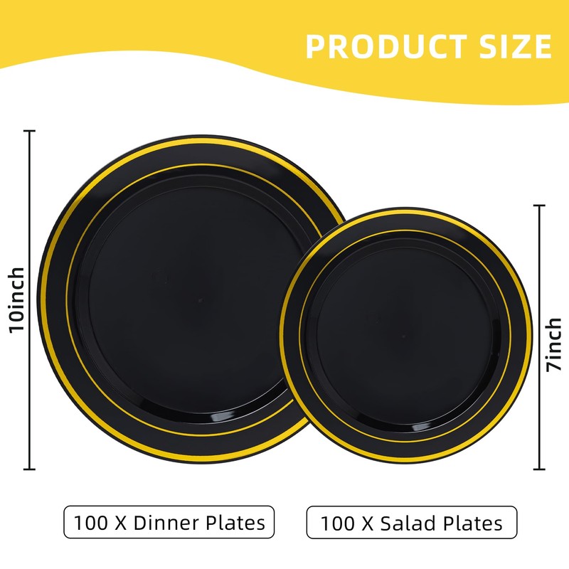 200PCS Black Plastic Plates, Disposable Plates with Gold Rim