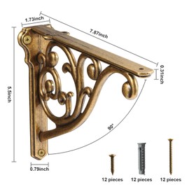 Khtumeware 8 Pack Antique Brass Shelf Bracket 8 Inch, Decorative Brackets for Shelving, Heavy Duty Vintage Ornate Shelf Bracket, Hardware Included,7.87x5.5x1.73 Inch